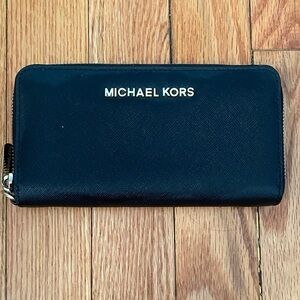 Michael Kors Black Saffiano Zip Wallet with Gold Logo